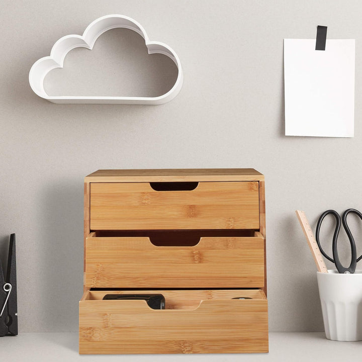 Relaxdays Schreibtisch Organizer, 3 Schubladen, für Büroutensilien, Bambus Ablage, Schubladenbox, HB