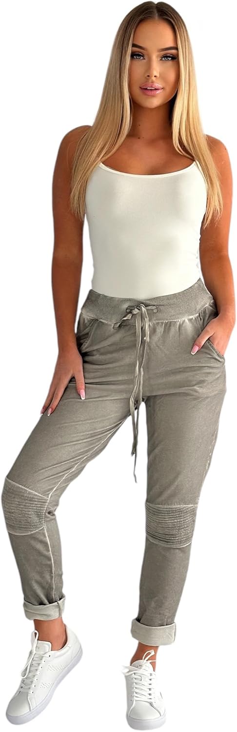 Mississhop Damen Hose Freizeithose Stoffhose Boyfriend Sweatpants im Biker Look mit Bahnendesign am