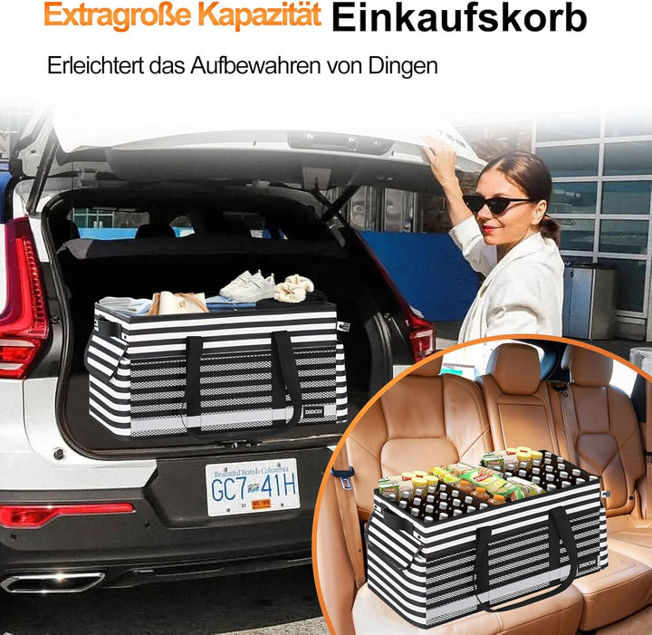 48L Einkaufskorb Faltbar mit Leuchtstreifen – Korb Einkaufen mit Verstärktem Boden – Einkaufstasche