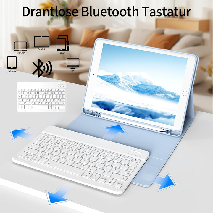 Hülle mit Tastatur für iPad 9./8./7. Generation 10,2 Zoll 2021/2020/2019, Abnehmbare kabellose Keybo