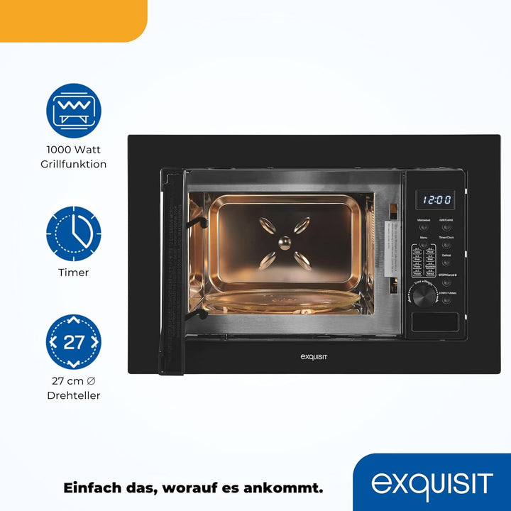 Exquisit Einbaumikrowelle EMW20-DG-020 schwarz| 800 W Leistung | 1000 W Grill | 8 Autokochprogramme|