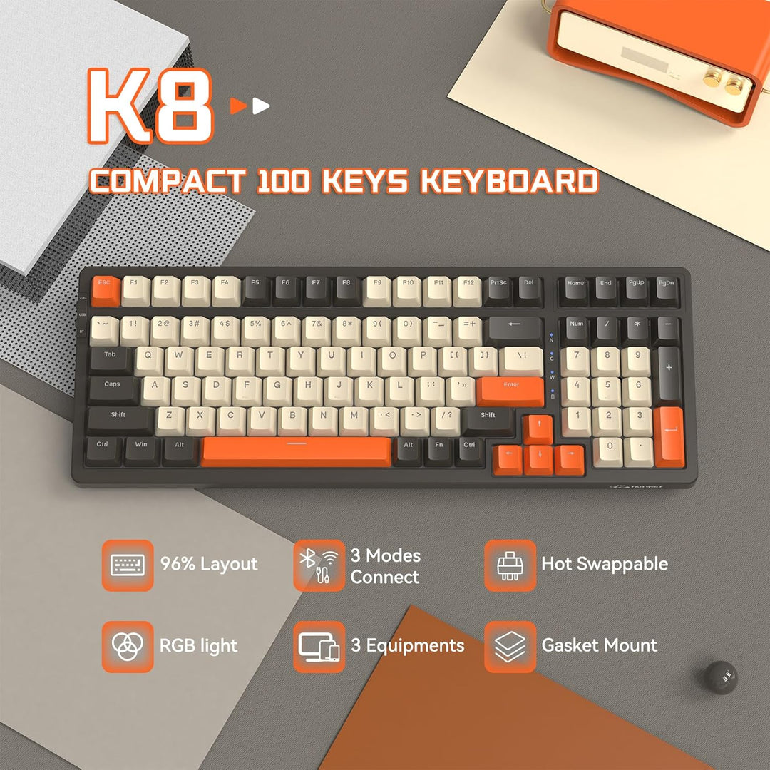 MAMBASNAKE K8 Bunte mechanische 3-Modu Tastatur, 2.4G kabellose Bluetooth Gaming Tastatur mit Spiral