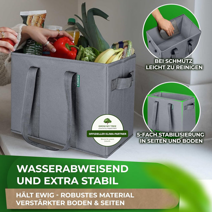 COTTARA® grosse Einkaufstasche faltbar 3er Pack & Obstnetz – stabiler grosser Einkaufskorb faltbar m