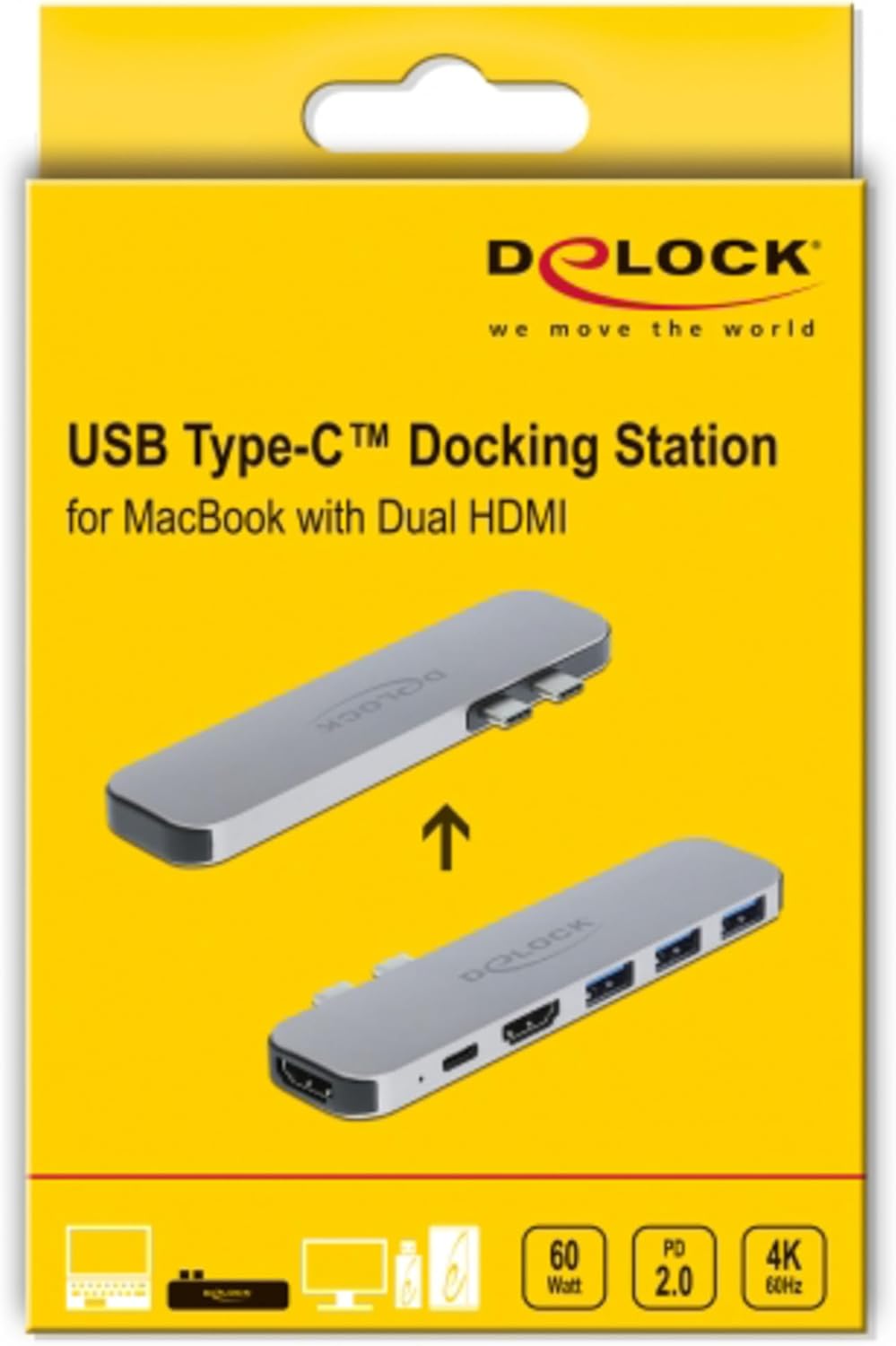 Delock USB C HUB für MacBook, 6-In-1, USB-C Adapter, Thunderbolt 3 Mini Dock, 2 x HDMI 4K, 3X USB 3.