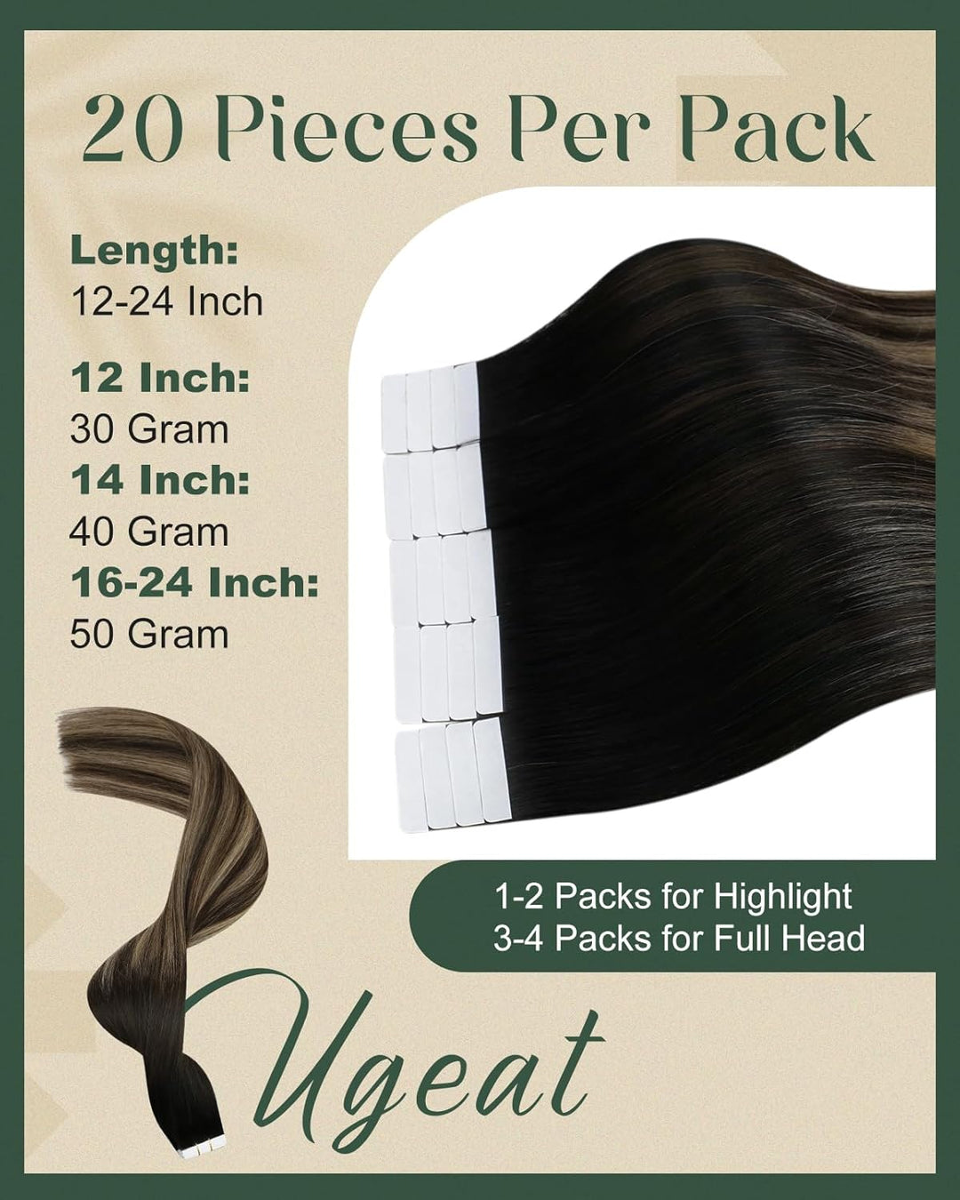 Ugeat 30cm Haarverlängerung Echthaar Tape Schwarz zu Dunkel Braun und Karamell Blond 1B/4/27 Haar Ex