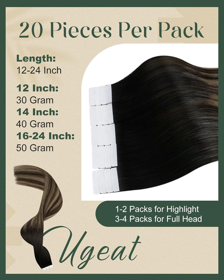 Ugeat 35cm Haarverlängerung Echthaar Tape 20Stücke Unsichtbares Tape Extensions Echthaar 50Gramm Sch