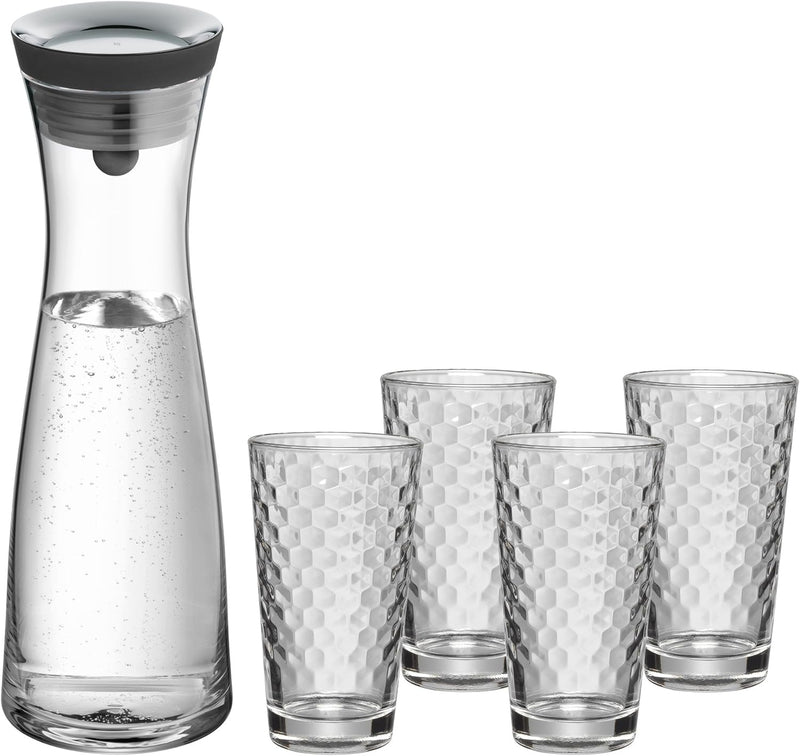 WMF Basic Wasserkaraffe-Set 5-teilig, Karaffe 1l mit 4 Wassergläser 275ml, Glaskaraffe mit Deckel, S