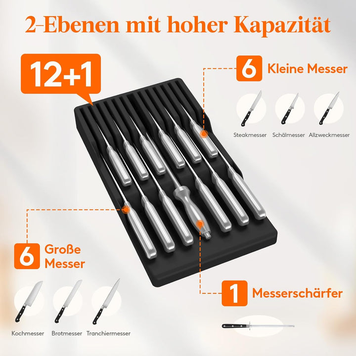 Lifewit Magnetischer Messerhalter Schublade für 12 Messer, Messer Organizer mit Rutschfestem Boden,