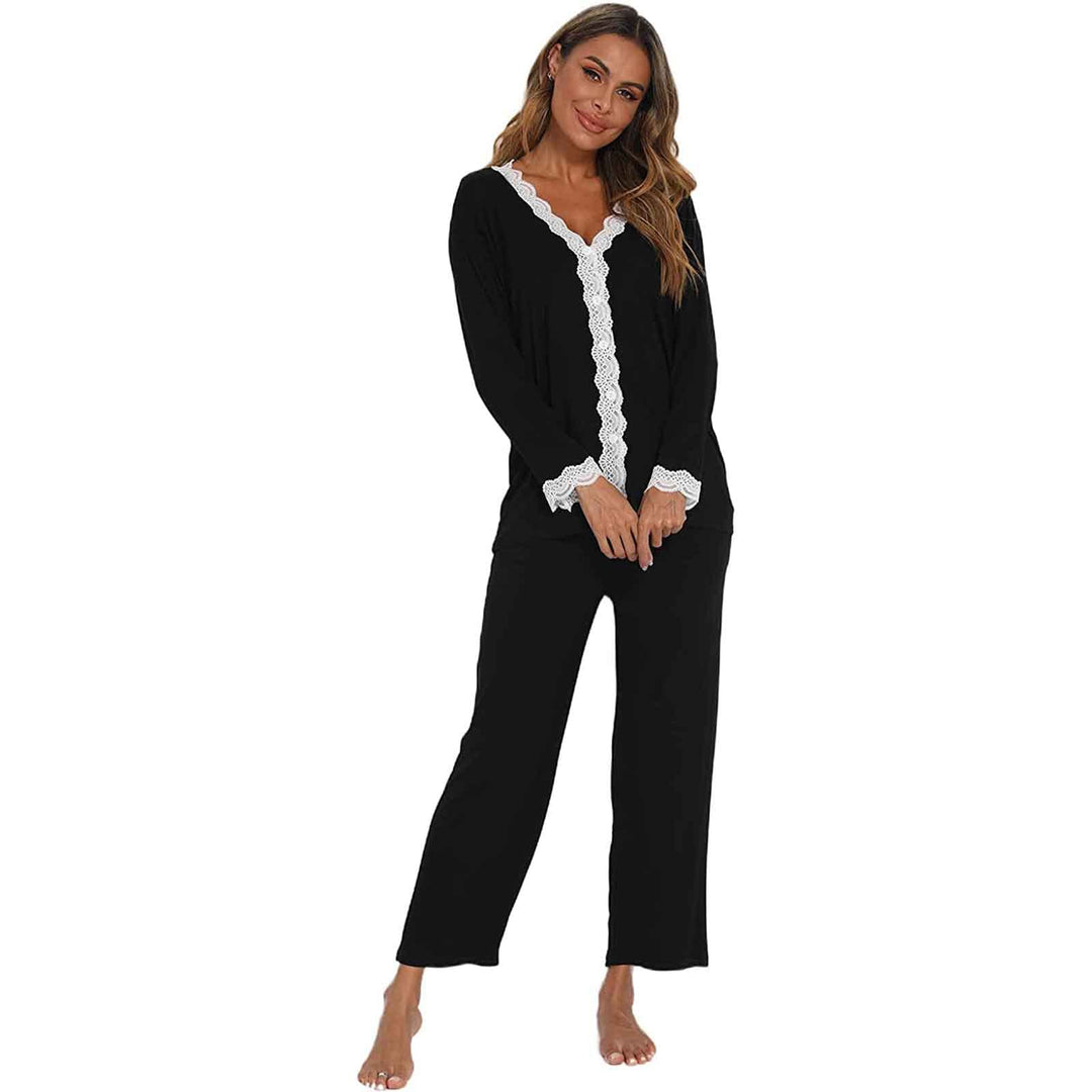 Jecarden Damen Schlafanzug mit Spitze Lang - Damen Pyjama Set Winter Langärmelig Nachtwäsche Zweitei