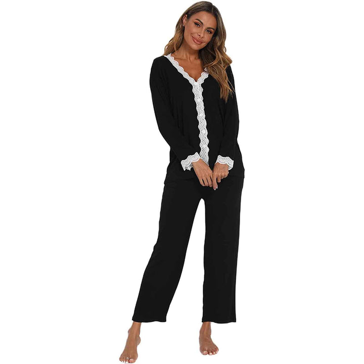 Jecarden Damen Schlafanzug mit Spitze Lang - Damen Pyjama Set Winter Langärmelig Nachtwäsche Zweitei