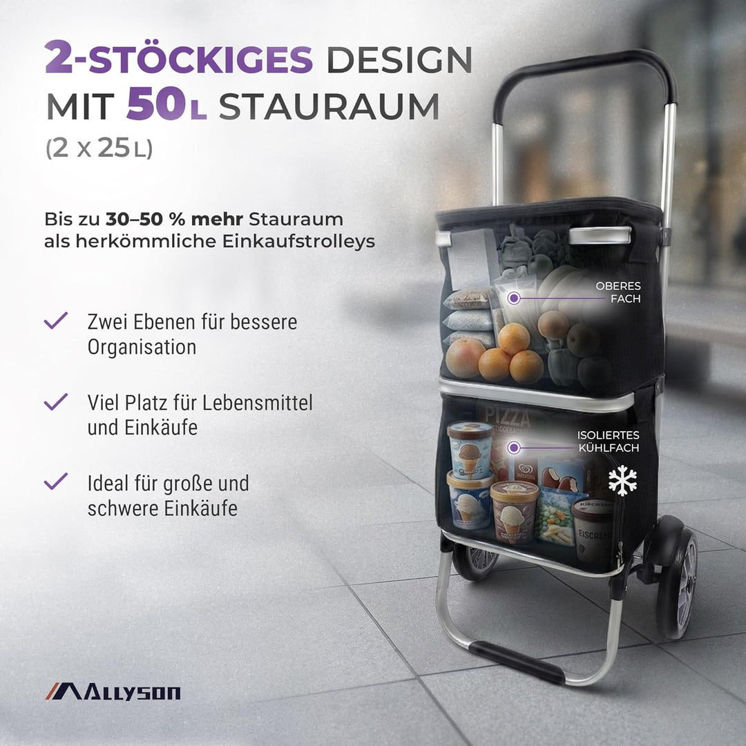 Allyson Rechteckiger Einkaufswagen - Ergonomischer, Klappbarer Shopping Trolley mit 45L Wasserdichte
