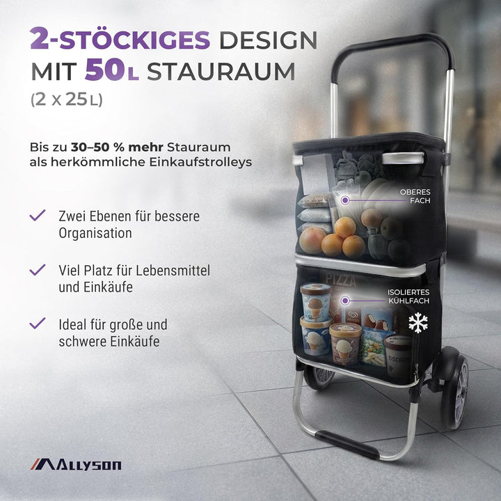 Allyson Rechteckiger Einkaufswagen - Ergonomischer, Klappbarer Shopping Trolley mit 45L Wasserdichte