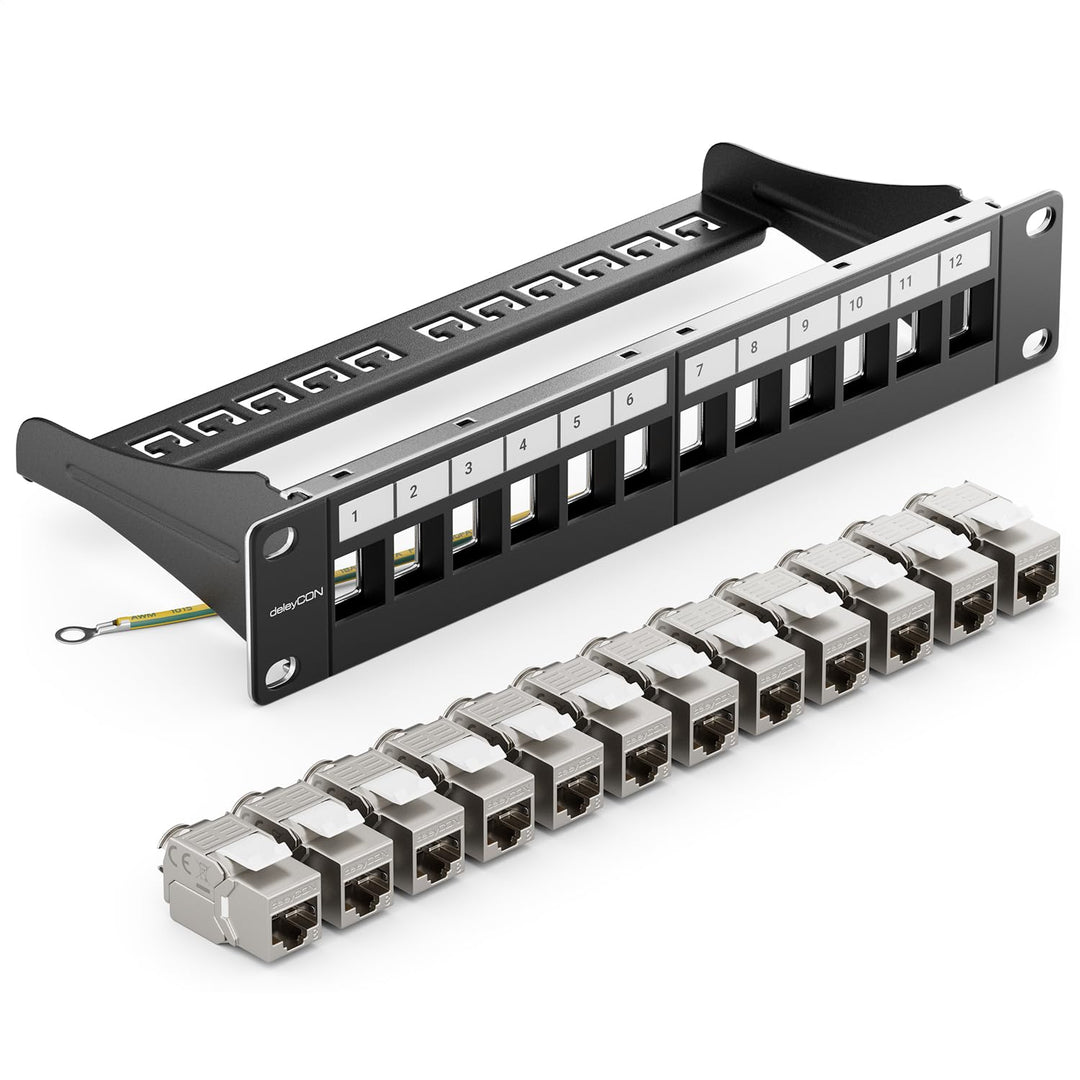 deleyCON 12 Port CAT 8 Patchpanel Set Verteilerfeld Patchfeld 10" Zoll 1 HE + 12x RJ45 Keystone Jack