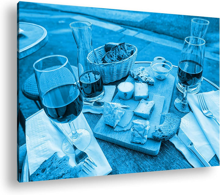 deyoli appetitliches Wein und Käse Buffet Format 80x60 Effekt: Monocrome Blau als Leinwandbild, Moti