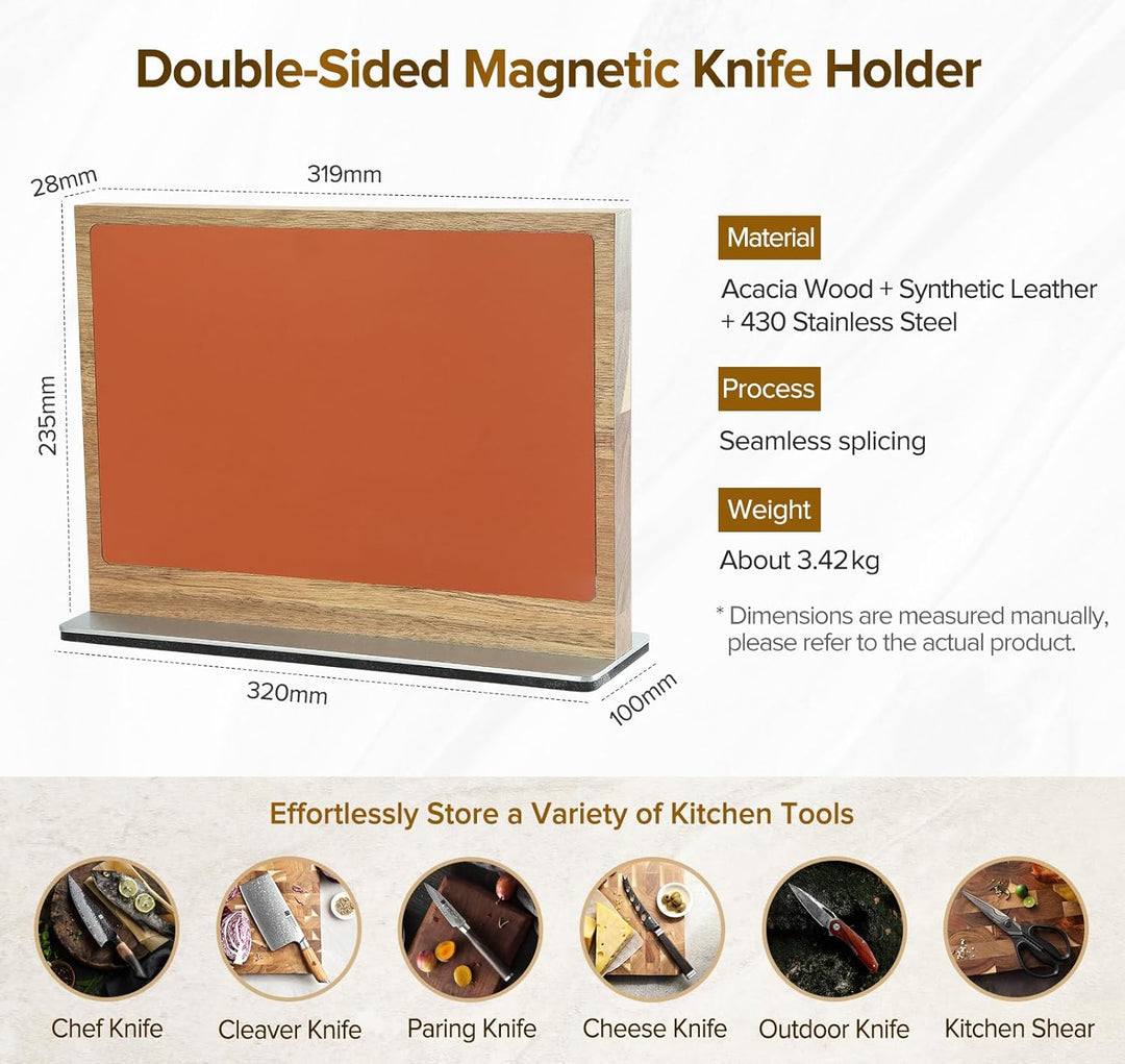XINZUO Magnetisch Messerhalter Akazienholz, Zweifarbige Lederoberfläche, Doppelseitig erhältlich, Oh