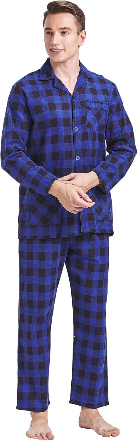 Amaxer Flanell Schlafanzug Herren 100% Baumwolle Pyjama mit Knopfleiste Set Lang Warmer Winter Schla