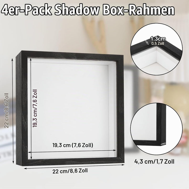 JMIATRY 4er Set 3D Bilderrahmen 20x20 cm, Bilderrahmen zum Befüllen, Schwarz Objektrahmen Shadow Box