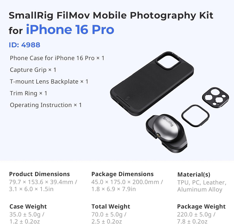 SMALLRIG FilMov Handyhüllen-Set für iPhone 16 Pro, leichte Fotohülle mit T-Mount-Objektivrückplatte/