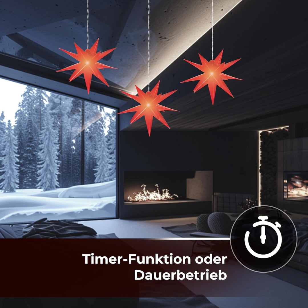 Leuchtstern 3D mit LED Beleuchtung | 3er Set | rot | Ø 27 cm| 3D Stern mit 15 Spitzen | wetterfest |