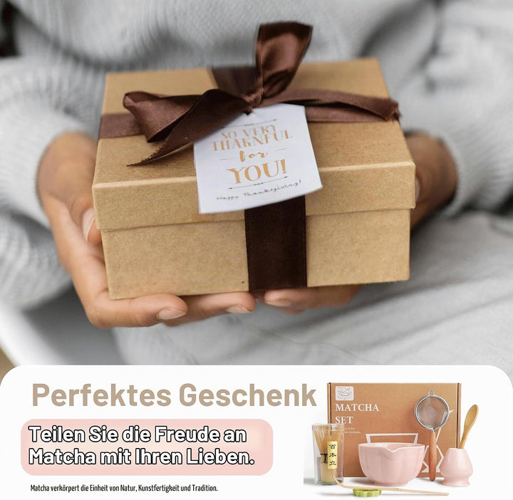 Premium Matcha Set 7-teilig – Exklusives Teezeremonie-Set mit Bambus-Chasen (Besen),Rosa Keramik-Sch