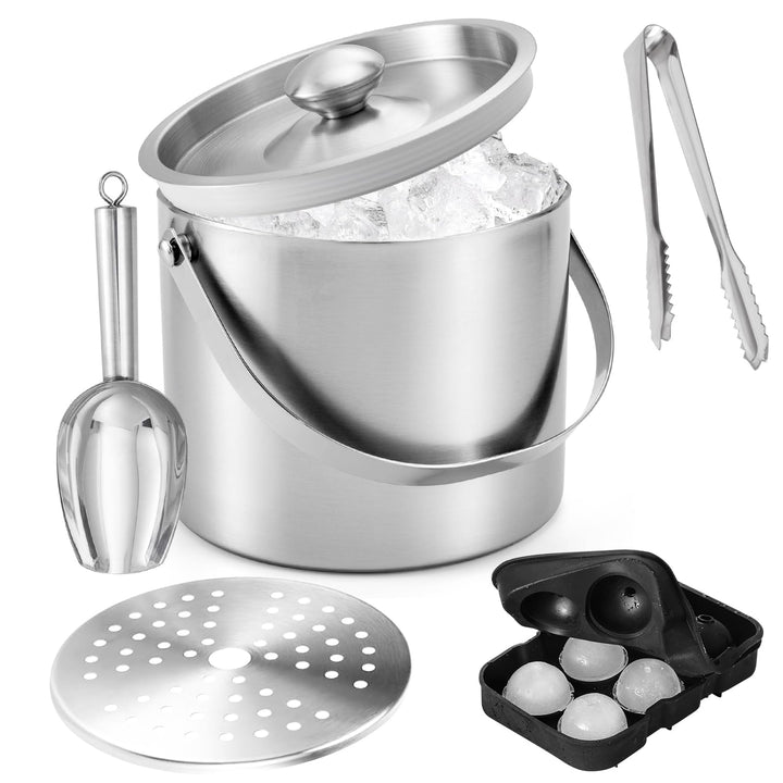 4L Eiswürfelbehälter mit Deckel, Edelstahl Doppelwandiger Eiskübel Set mit Sieb Eiszange Eisschaufel