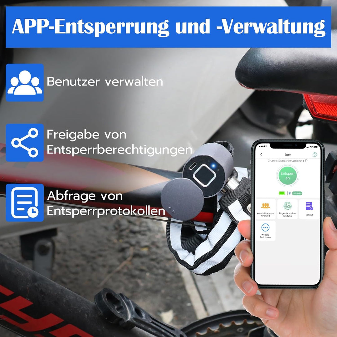 Anweller Fahrradschloss Fingerabdruck, Hohe Sicherheit Anti-Diebstahl Fahrrad Kettenschloss mit APP,