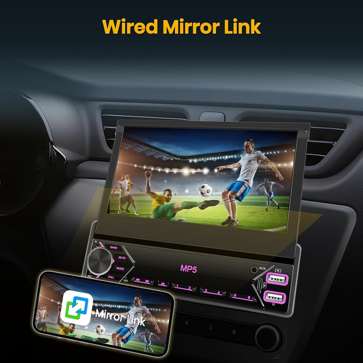 Hikity 1 Din Autoradio mit 7” IPS Manuell Einziehbarer Touchscreen Wired Mirror Link FM Radio mit 2U