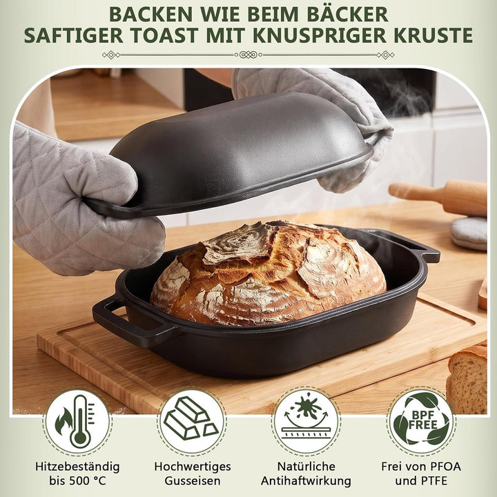 Gusseisen Topf Brot Backen 40cm, Robuste Brotbackform mit Deckel, Gusseisentopf Brotform, Idealer Br