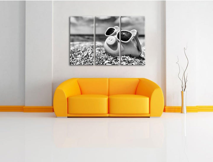 Pixxprint Schweinchen am Strand als Leinwandbild/Grösse: 3 Teilig (120x80) cm/Wandbild/Kunstdruck/fe