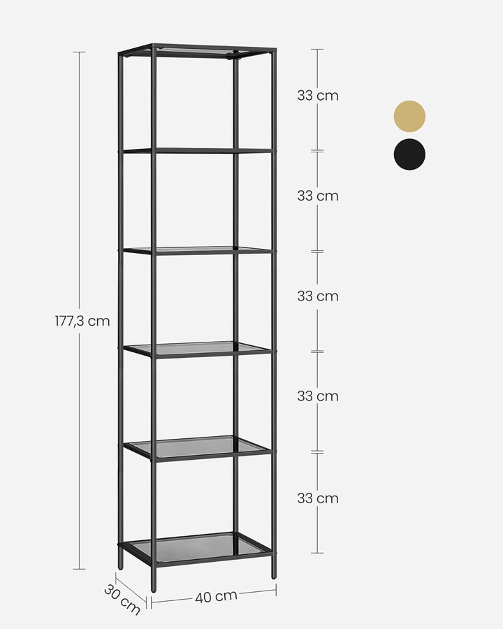 VASAGLE Badregal mit 6 Ablagen, gehärtetes Glas, einfache Montage für Badezimmer, Wohnzimmer, Küche,