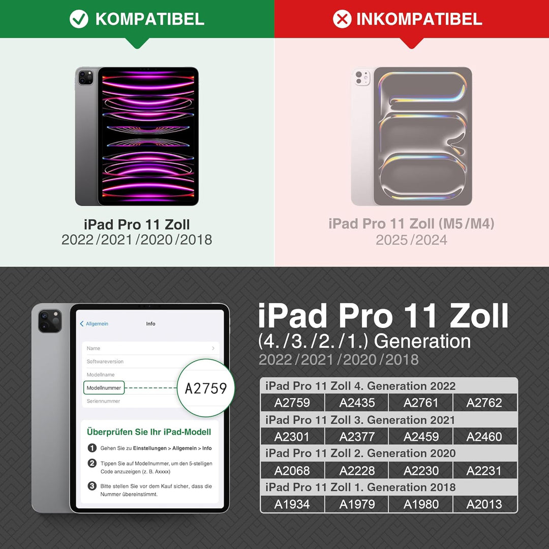 KingBlanc Hülle für iPad Pro 11 Zoll 4./3./2./1.Generation (2022/2021/2020/2018) mit Stifthalter, Ve