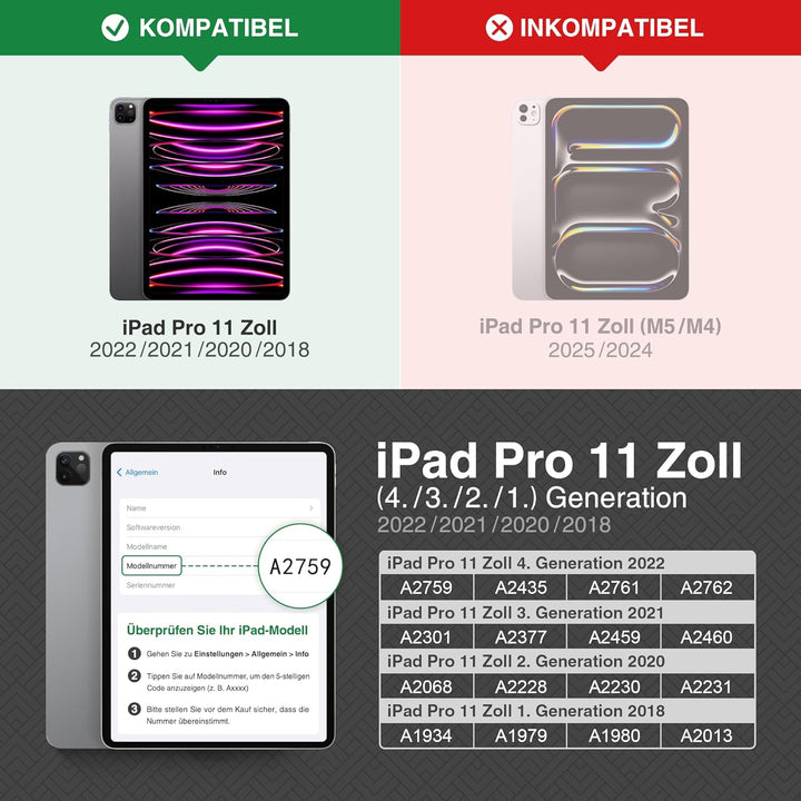 KingBlanc Hülle für iPad Pro 11 Zoll 4./3./2./1.Generation (2022/2021/2020/2018) mit Stifthalter, Ve