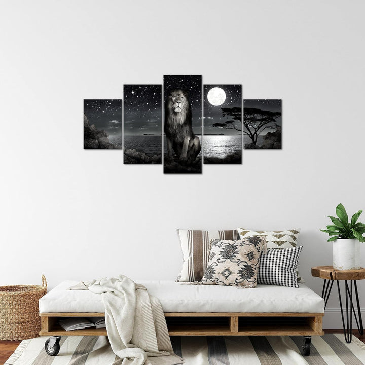 Runa Art Bild Wohnzimmer Schlafzimmer Afrika Löwe 5 Teilig Savanne Schwarz Weiss Wandbilder auf Vlie
