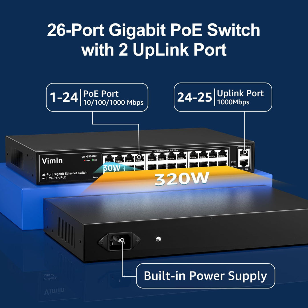 VIMIN 24-Port Gigabit PoE Switch mit 2 Uplink Gigabit Ports, 26-Port Unmanaged Ethernet PoE Switch m