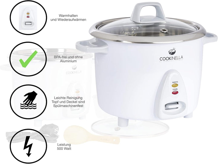 KeMar Kitchenware KRC-200 Reiskocher Edelstahltopf (1,4L, 500W, Weiss) | Glasdeckel | Bambuslöffel,