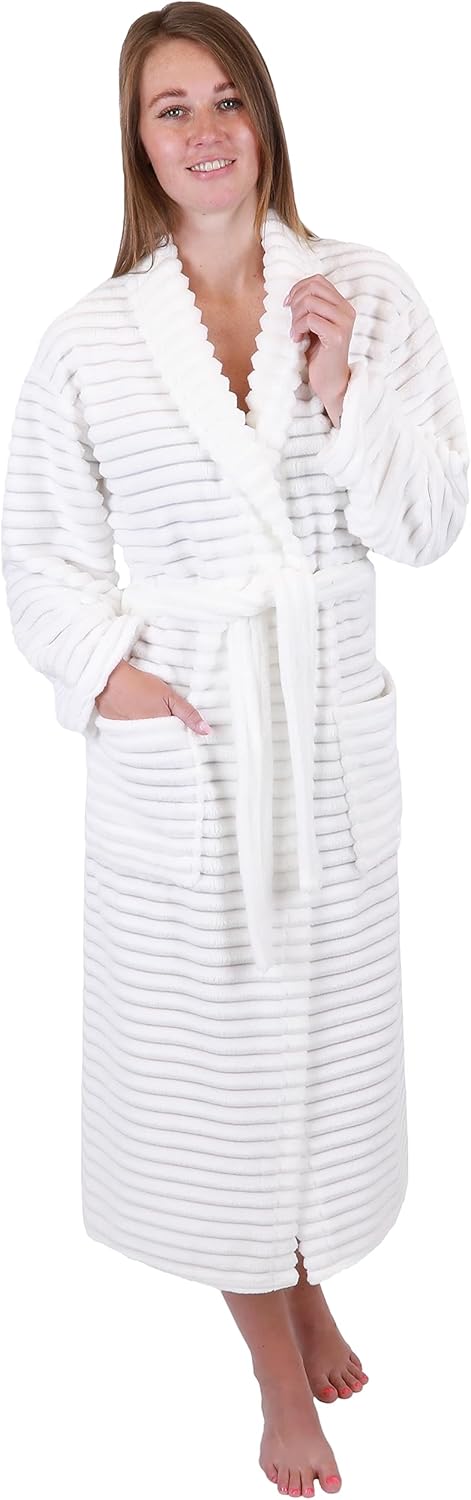 Betz Bademantel BONN Microfaser Strukturplüsch für Damen und Herren mit Schalkragen S-M naturweiss L