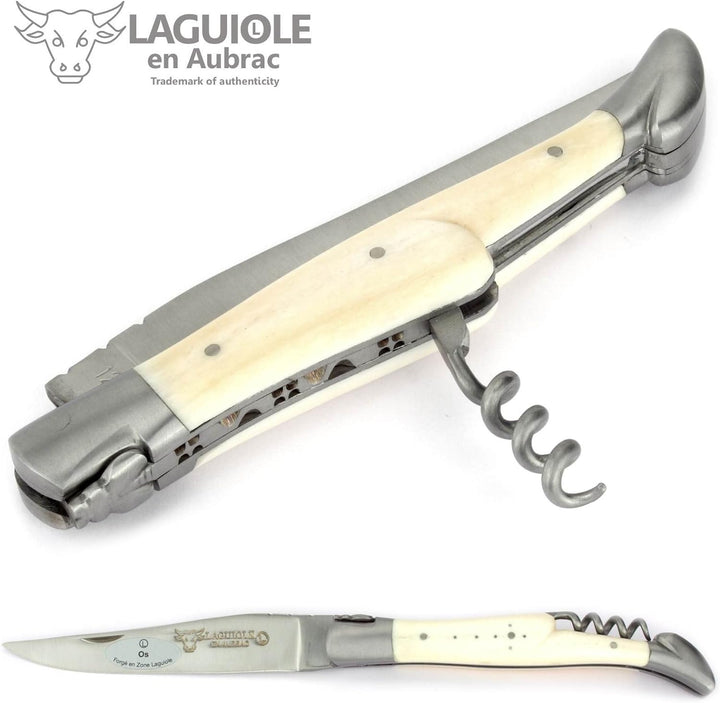 Laguiole en Aubrac Taschenmesser Korkenzieher 12 cm Griff Knochen L0312OSIF, Messer Klinge matt, Bac
