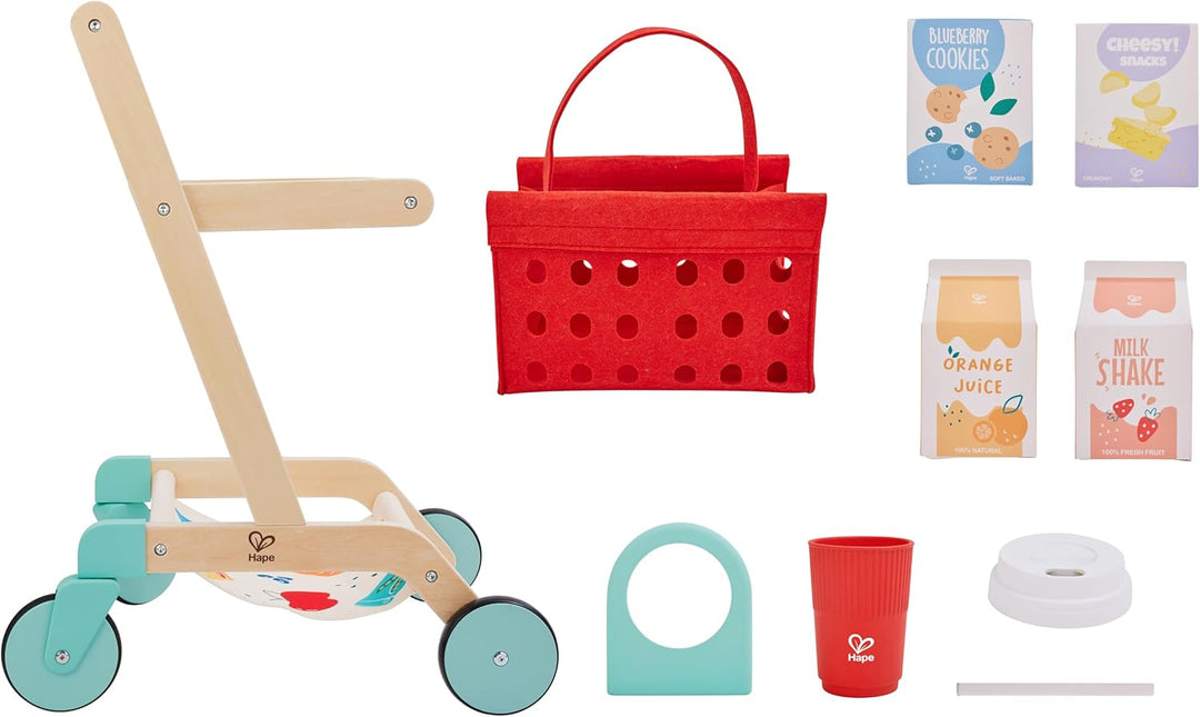 Hape Little Shopper Einkaufswagen aus Holz – Kinder Einkaufswagen mit Korb &amp; Zubehör – Kaufladen Zub