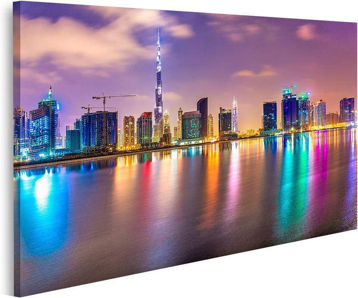 islandburner Bild auf Leinwand Dubai Skyline Abenddämmerung UAE Bilder Wandbilder Poster, 80L x 40B