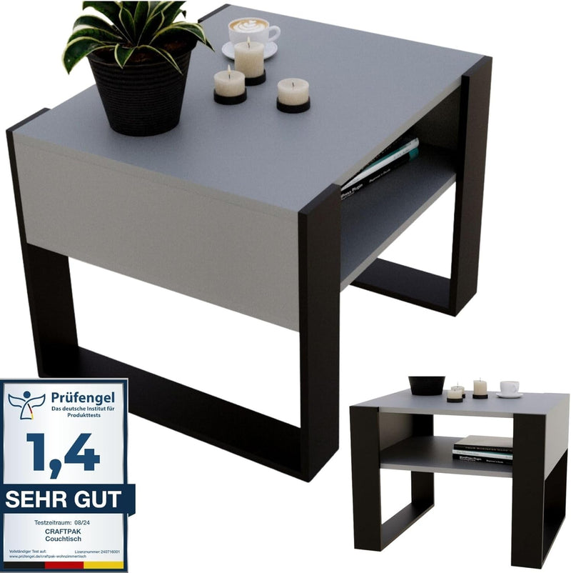 CraftPAK Wohnzimmer Tisch für Couch aus hochwertigem Holz, Stabiler & moderner Couchtisch mit zusätz