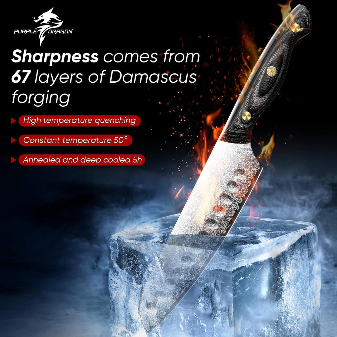 Purple Dragon Damast Santoku Messer - Küchenmesser mit VG10 Kernen und Holzgriff – Handgeschmiedetes