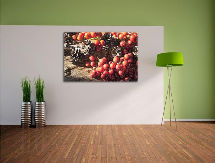 Pixxprint Vogelbeeren und Tannenzapfen als Leinwandbild/Grösse: 100x70 / Wandbild/Kunstdruck/fertig