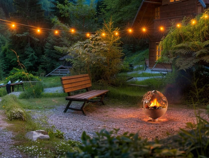 Kobolo Feuerschale Feuerkorb FOREST Kugelform rund mit Motiv - Metall Rostoptik