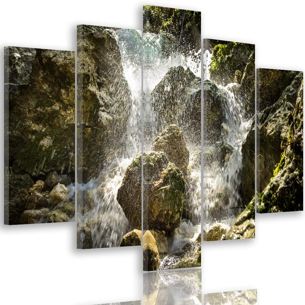 Feeby Leinwandbild 5 Teilig Landschaft Bild Wanddeko Wasserfall Steine bunt 150x100 cm Leinwandbild