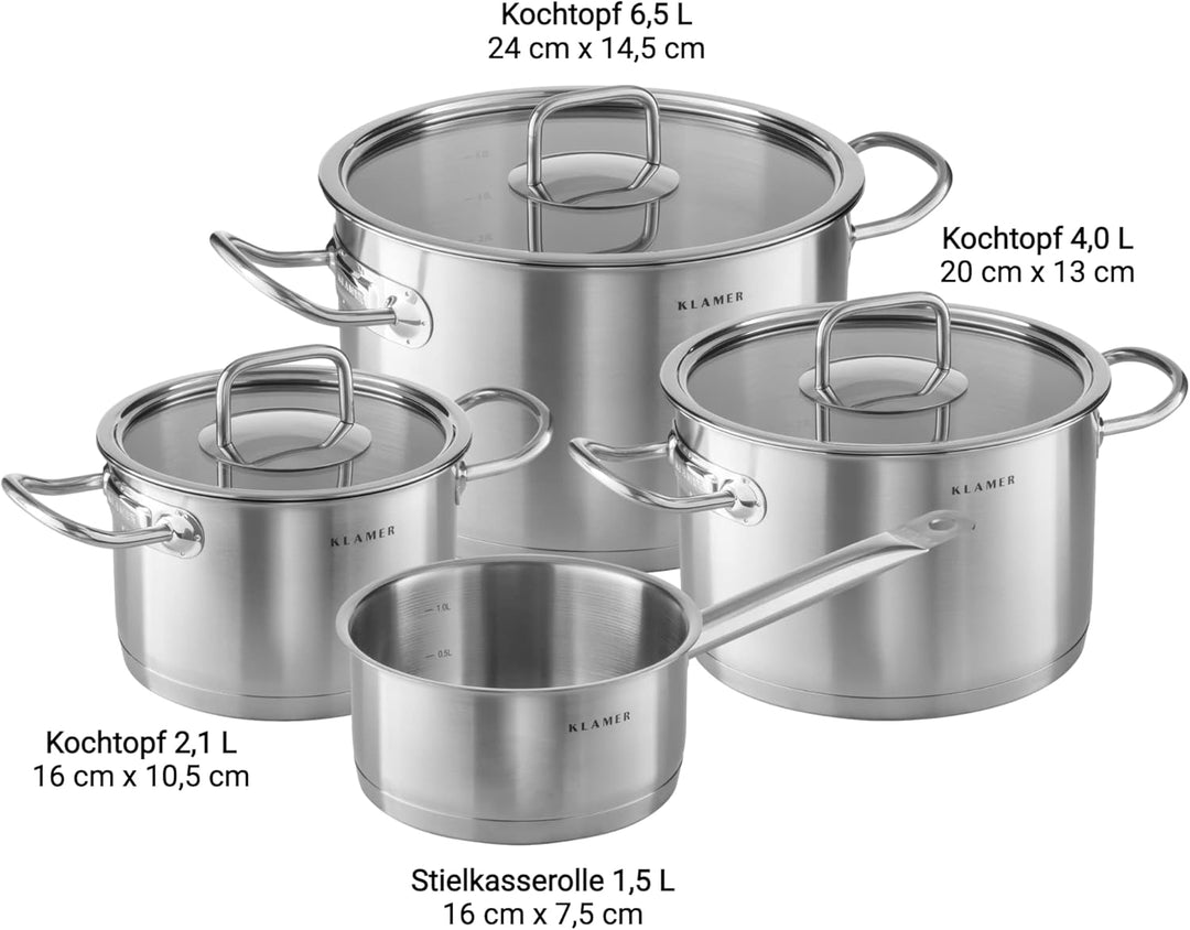 KLAMER Premium Topfset Edelstahl, Kochtopf-Set mit Glasdeckel, Töpfe Set unbeschichtet, Induktionstö