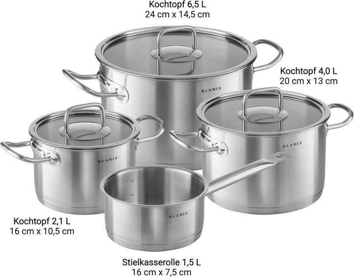 KLAMER Premium Topfset Edelstahl, Kochtopf-Set mit Glasdeckel, Töpfe Set unbeschichtet, Induktionstö
