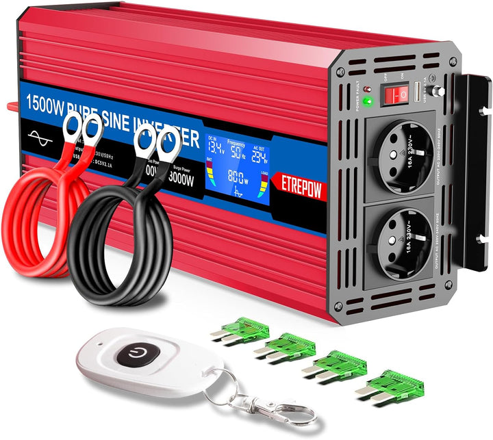 ETREPOW 1500w Wechselrichter 12v Auf 230v Reiner Sinus Spannungswandler mit 2 EU-Steckdose und Einer