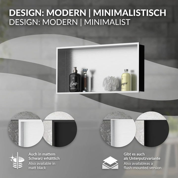 LuxeBath Wandnische aus Edelstahl, 60x30x10 cm, Silber, Duschnische mit Rahmen, Einbauregal, Flexibl