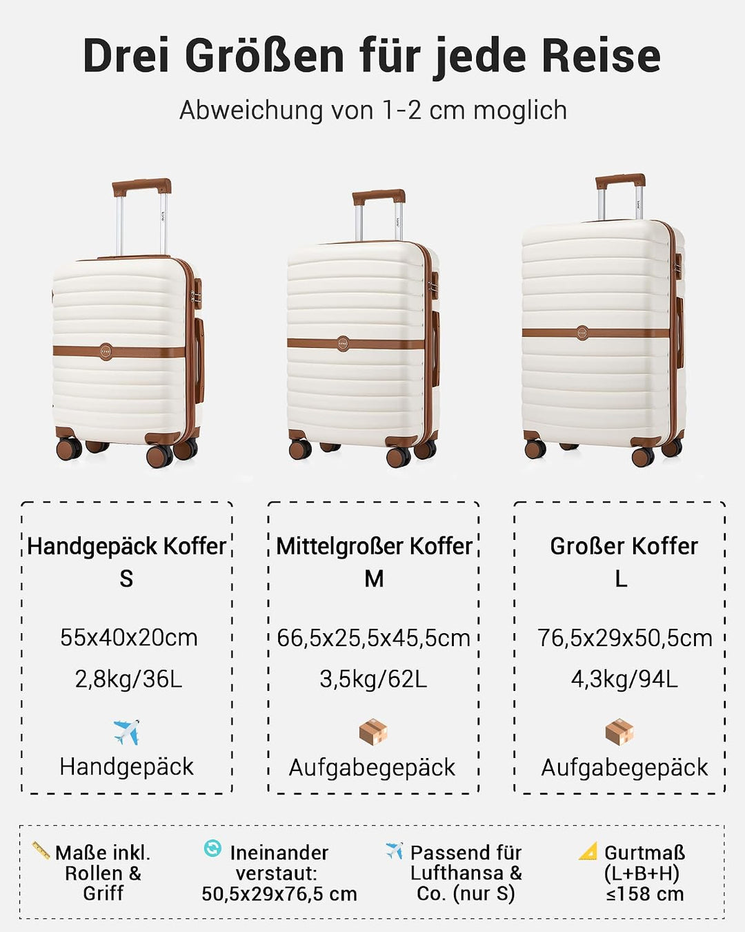 KONO Koffer Reisekoffer Trolley Kofferset 3 Teilig von ABS+PC Hartschalenkoffer mit Zwillingsrollen
