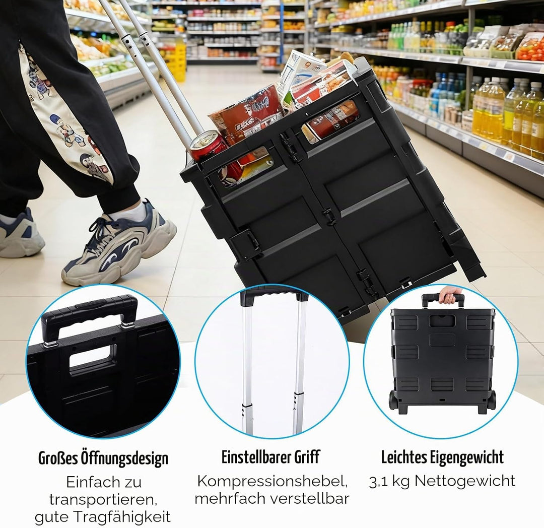 Faltbarer Einkaufstrolley mit Deckel,45 L Volumen, 2 Rollen &amp; höhenverstellbarer Griff, Klappbox mit